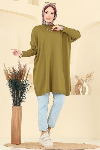 moda selvim Yarım Boğazlı Triko Tunik 1047KLN570 Yağ Yeşili - Thumbnail