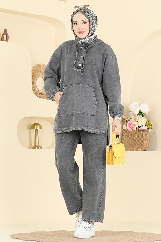 moda selvim Yarım Çıtçıtlı Kot Takım 4096ORG1169 Siyah Kot - Thumbnail