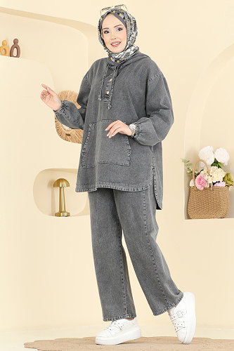 moda selvim Yarım Çıtçıtlı Kot Takım 4096ORG1169 Siyah Kot - Thumbnail