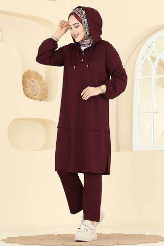 moda selvim Yarım Çıtçıtlı Krep Takım 25007UKB139 Bordo - Thumbnail