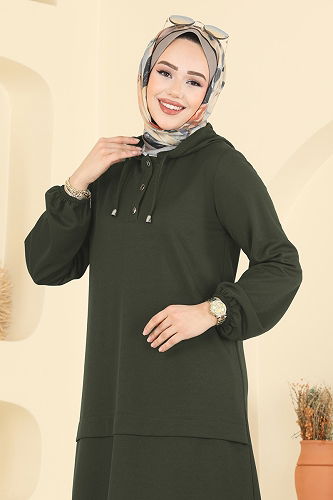 moda selvim Yarım Çıtçıtlı Krep Takım 25007UKB139 Haki - Thumbnail