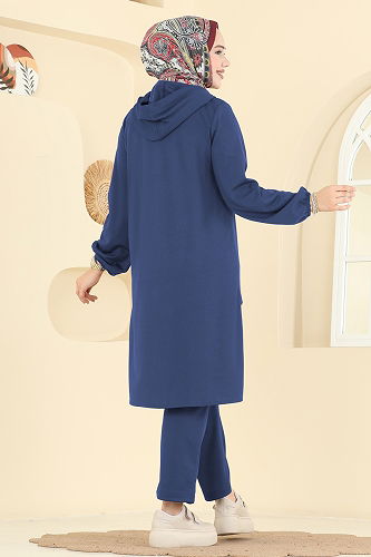 moda selvim Yarım Çıtçıtlı Krep Takım 25007UKB139 İndigo - Thumbnail