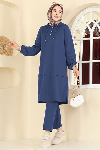 moda selvim Yarım Çıtçıtlı Krep Takım 25007UKB139 İndigo - Thumbnail