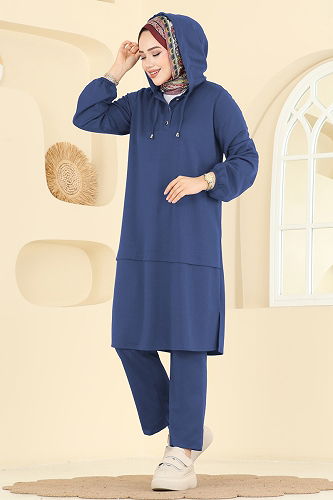 moda selvim Yarım Çıtçıtlı Krep Takım 25007UKB139 İndigo - Thumbnail