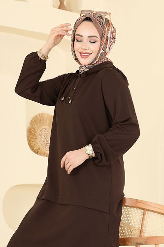 moda selvim Yarım Çıtçıtlı Krep Takım 25007UKB139 Kahve - Thumbnail