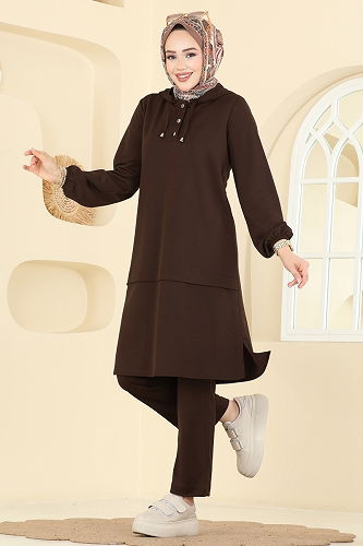 moda selvim Yarım Çıtçıtlı Krep Takım 25007UKB139 Kahve - Thumbnail