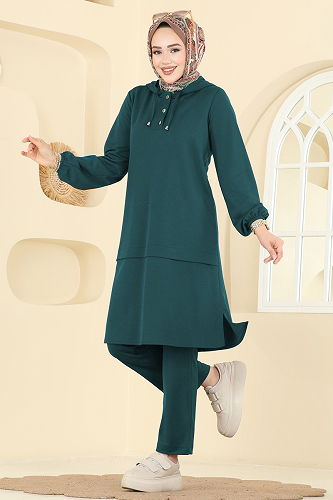 moda selvim Yarım Çıtçıtlı Krep Takım 25007UKB139 Petrol - Thumbnail