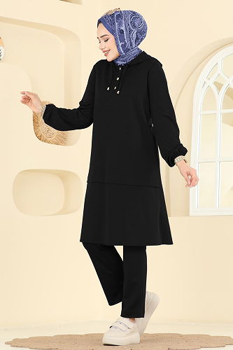 moda selvim Yarım Çıtçıtlı Krep Takım 25007UKB139 Siyah - Thumbnail