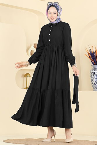 moda selvim Yarım Düğme Detaylı Elbise 2781AYD574 Siyah - Thumbnail