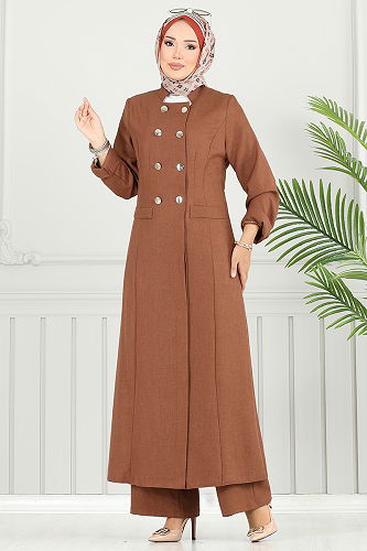 moda selvim Yarım Düğme Detaylı Takım 2701SL890-M Kahve - Thumbnail