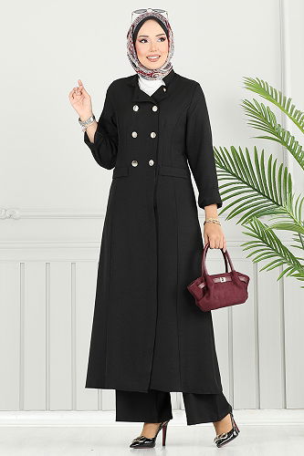 moda selvim Yarım Düğme Detaylı Takım 2701SL890-M Siyah - Thumbnail