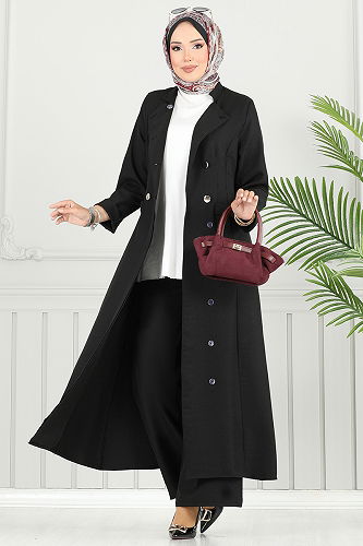 moda selvim Yarım Düğme Detaylı Takım 2701SL890-M Siyah - Thumbnail