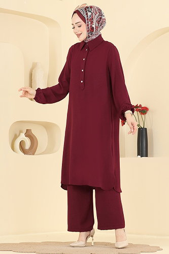 moda selvim Yarım Düğme Detaylı Takım 3459TRT545 Bordo - Thumbnail