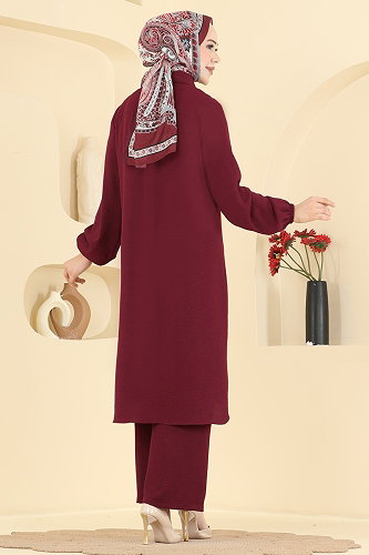 moda selvim Yarım Düğme Detaylı Takım 3459TRT545 Bordo - Thumbnail