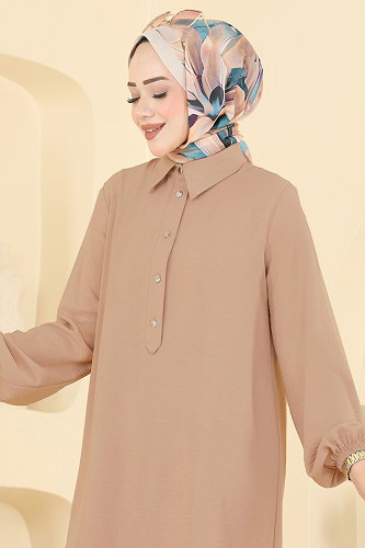 moda selvim Yarım Düğme Detaylı Takım 3459TRT545 Latte - Thumbnail