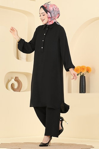 moda selvim Yarım Düğme Detaylı Takım 3459TRT545 Siyah - Thumbnail