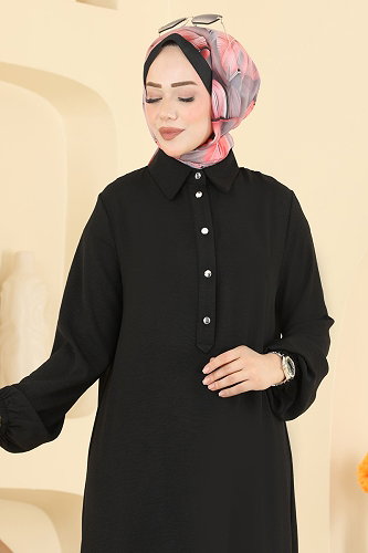 moda selvim Yarım Düğme Detaylı Takım 3459TRT545 Siyah - Thumbnail
