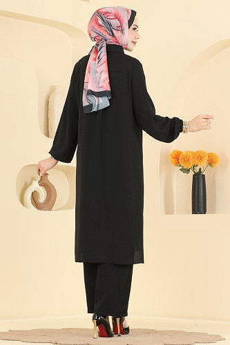 moda selvim Yarım Düğme Detaylı Takım 3459TRT545 Siyah - Thumbnail