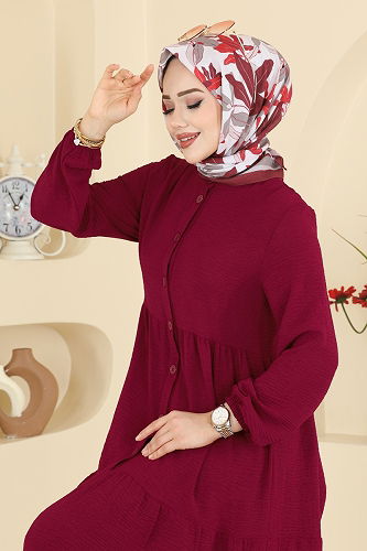 moda selvim Yarım Düğmeli Aerobin Elbise 154ART1138 Bordo - Thumbnail