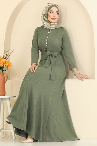 moda selvim Yarım Düğmeli Burgu Elbise 4121PM271 Çağla - Thumbnail