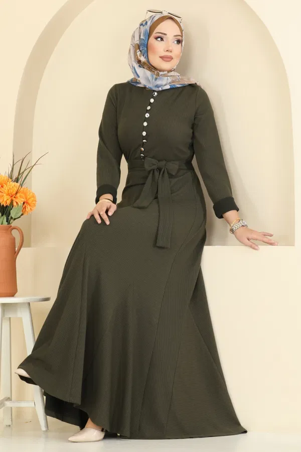 Modaselvim Elbise Yarım Düğmeli Burgu Elbise 4121PM271 Haki