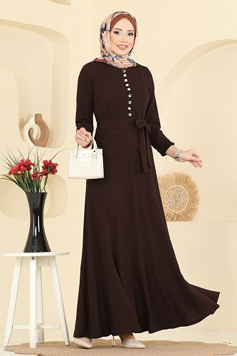 moda selvim Yarım Düğmeli Burgu Elbise 4121PM271 Kahve - Thumbnail