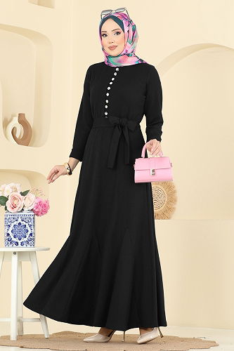 moda selvim Yarım Düğmeli Burgu Elbise 4121PM271 Siyah - Thumbnail