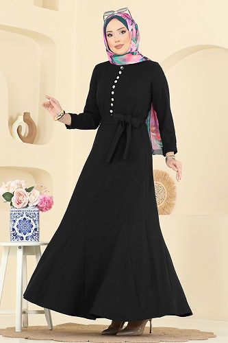 moda selvim Yarım Düğmeli Burgu Elbise 4121PM271 Siyah - Thumbnail