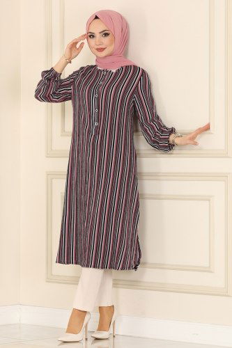 moda selvim Yarım Düğmeli Bürümcük Tunik 1006MRT754 Gül Kurusu - Thumbnail