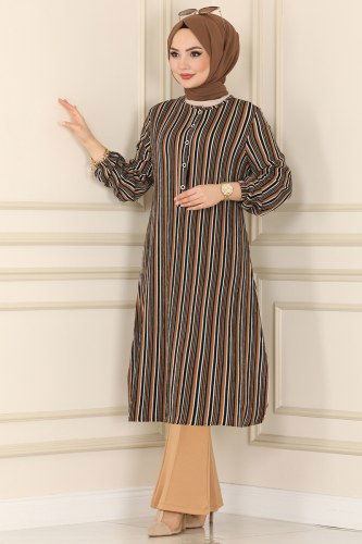 moda selvim Yarım Düğmeli Bürümcük Tunik 1006MRT754 Latte - Thumbnail