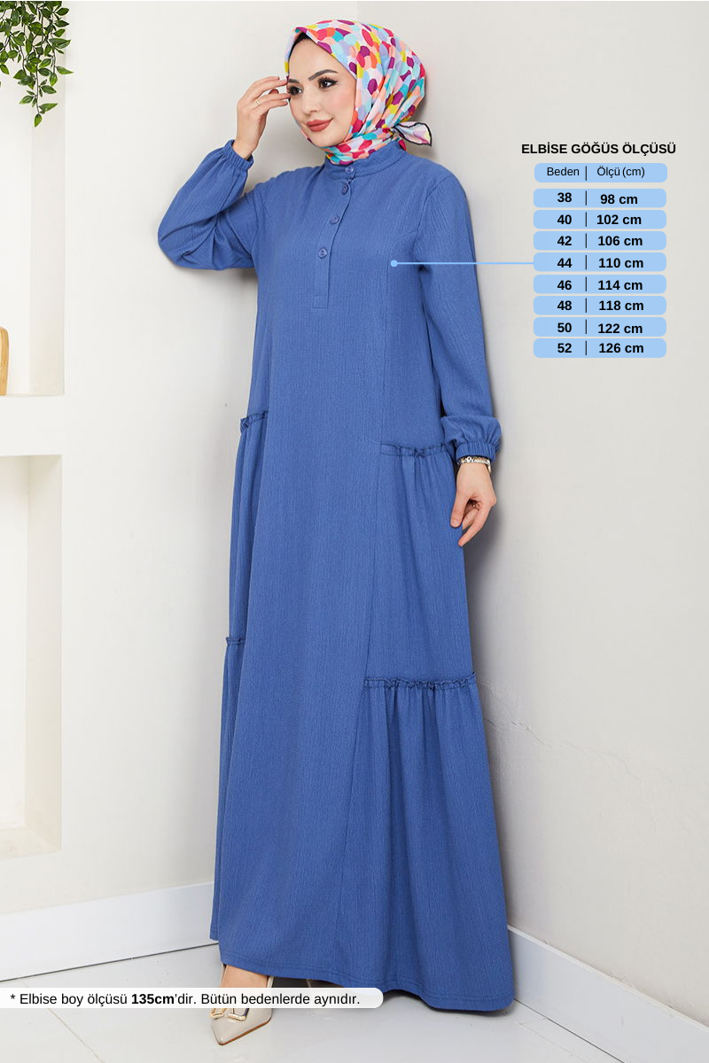 Yarım Düğmeli Bürümcük Elbise 402DVL897-M İndigo
