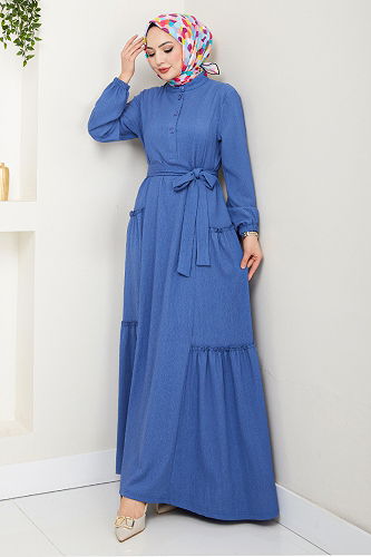 moda selvim Yarım Düğmeli Bürümcük Elbise 402DVL897-M İndigo - Thumbnail