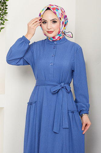 moda selvim Yarım Düğmeli Bürümcük Elbise 402DVL897-M İndigo - Thumbnail