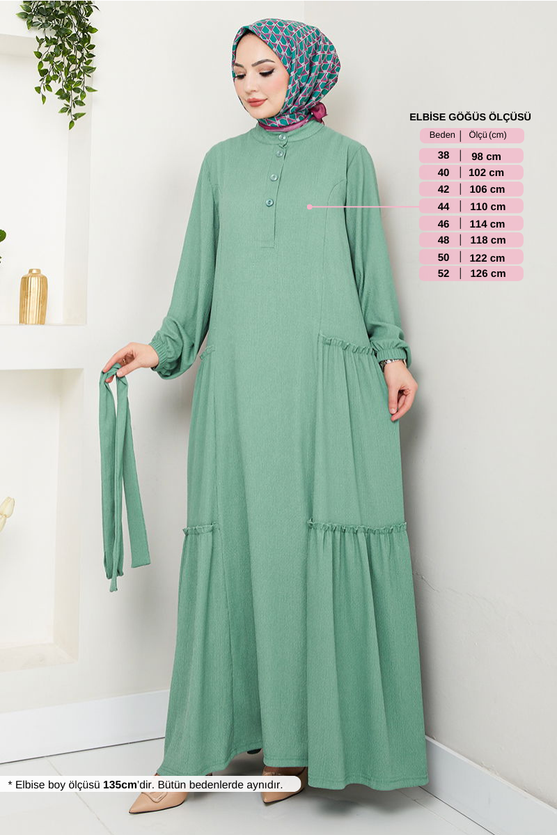 Yarım Düğmeli Bürümcük Elbise 402DVL897-M Mint