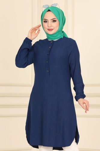 moda selvim Yarım Düğmeli Bürümcük Tunik 1005MRT754 Laci - Thumbnail