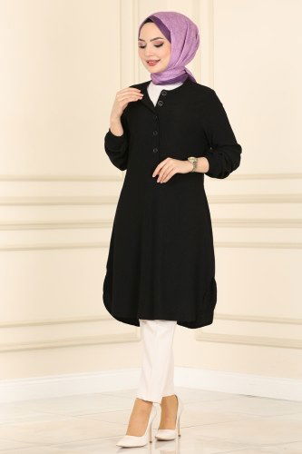 moda selvim Yarım Düğmeli Bürümcük Tunik 1005MRT754 Siyah - Thumbnail