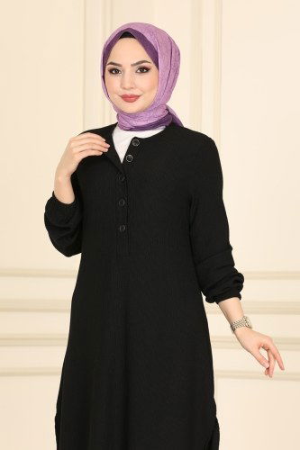 moda selvim Yarım Düğmeli Bürümcük Tunik 1005MRT754 Siyah - Thumbnail