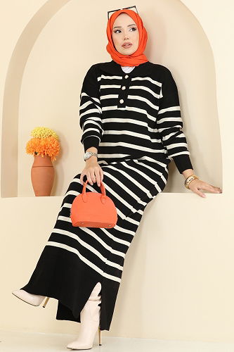 moda selvim Yarım Düğmeli Çizgili Triko Elbise 502OZN1046 Siyah - Thumbnail