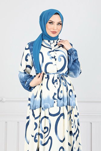 moda selvim Yarım Düğmeli Desenli Elbise 0208ASN936-M İndigo - Thumbnail