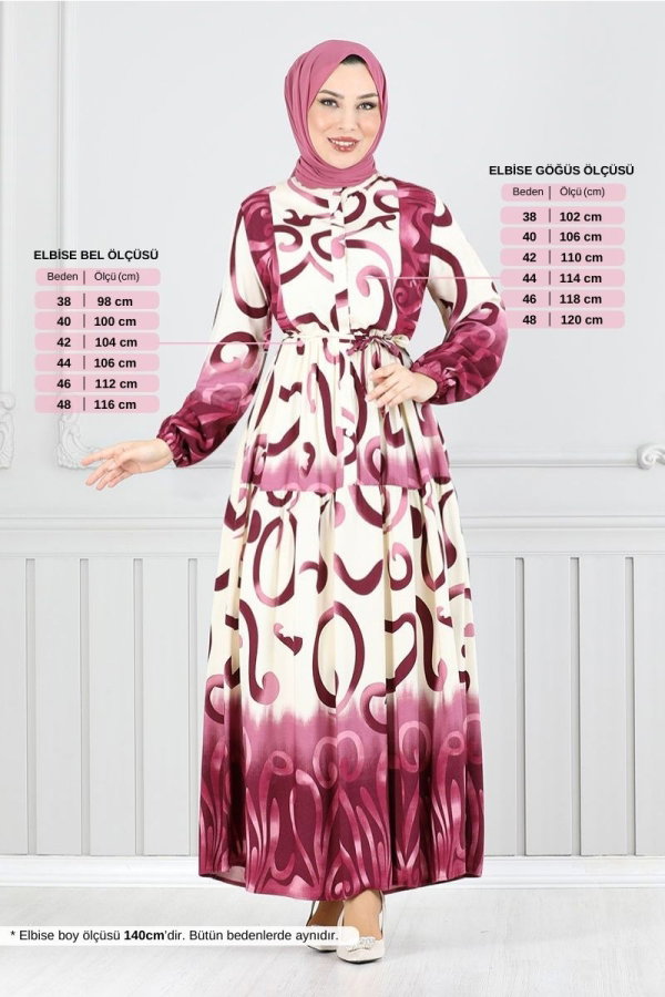 Modaselvim %20+%70 İNDİRİM Yarım Düğmeli Desenli Elbise 0208ASN936-M Koyu Gül Kurusu