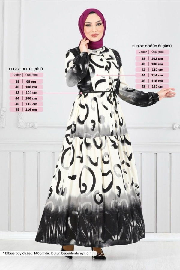 Modaselvim %30+%10 İNDİRİM Yarım Düğmeli Desenli Elbise 0208ASN936-M Siyah