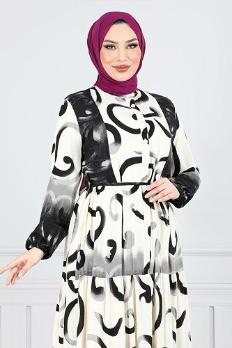 moda selvim Yarım Düğmeli Desenli Elbise 0208ASN936-M Siyah - Thumbnail