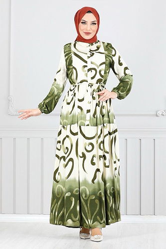 moda selvim Yarım Düğmeli Desenli Elbise 0208ASN936-M Yeşil - Thumbnail