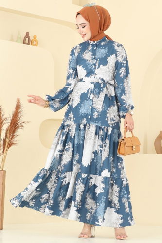 moda selvim Yarım Düğmeli Desenli Elbise 4458BRZ597 Desen1 İndigo - Thumbnail