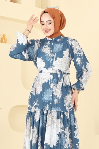 moda selvim Yarım Düğmeli Desenli Elbise 4458BRZ597 Desen1 İndigo - Thumbnail
