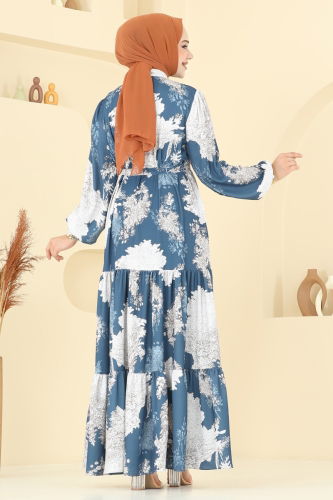 moda selvim Yarım Düğmeli Desenli Elbise 4458BRZ597 Desen1 İndigo - Thumbnail