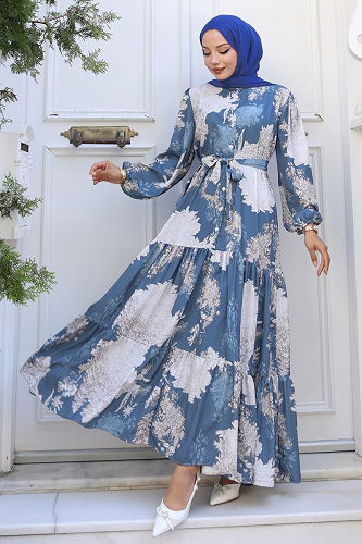 moda selvim Yarım Düğmeli Desenli Elbise 4458BRZ597 Desen1 İndigo - Thumbnail