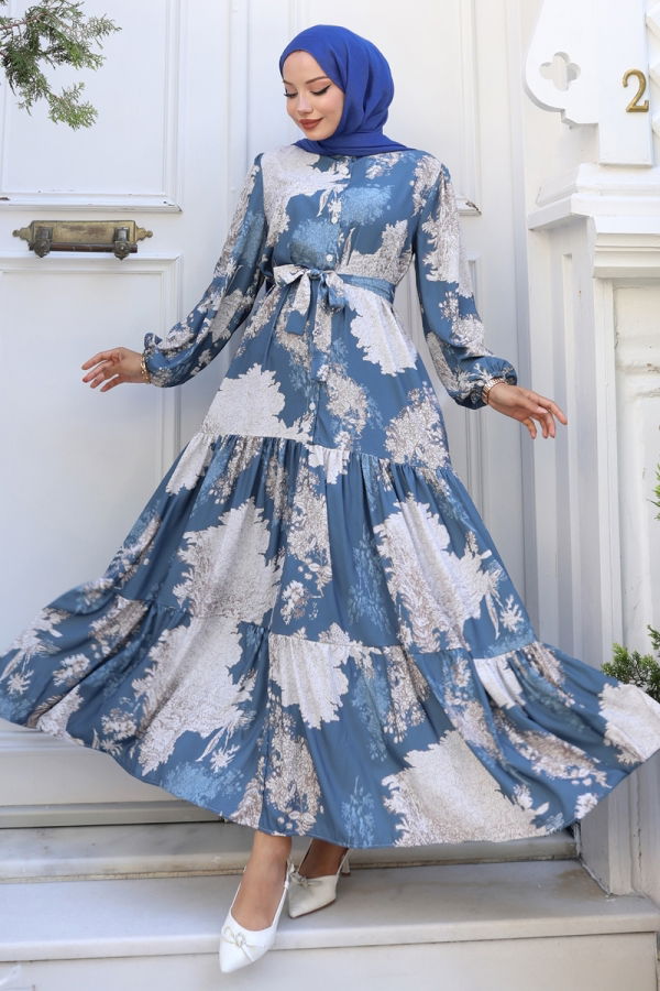 Modaselvim Elbise Yarım Düğmeli Desenli Elbise 4458BRZ597 Desen1 İndigo
