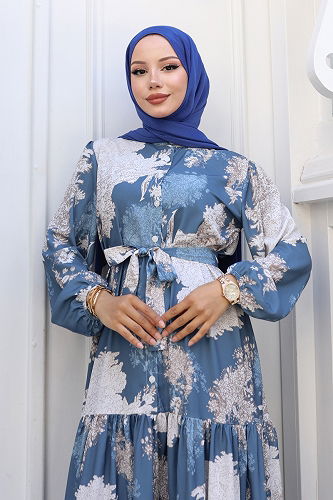 moda selvim Yarım Düğmeli Desenli Elbise 4458BRZ597 Desen1 İndigo - Thumbnail