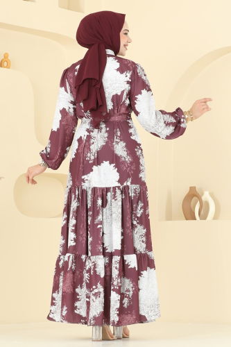 moda selvim Yarım Düğmeli Desenli Elbise 4458BRZ597 Desen1 Mürdüm - Thumbnail